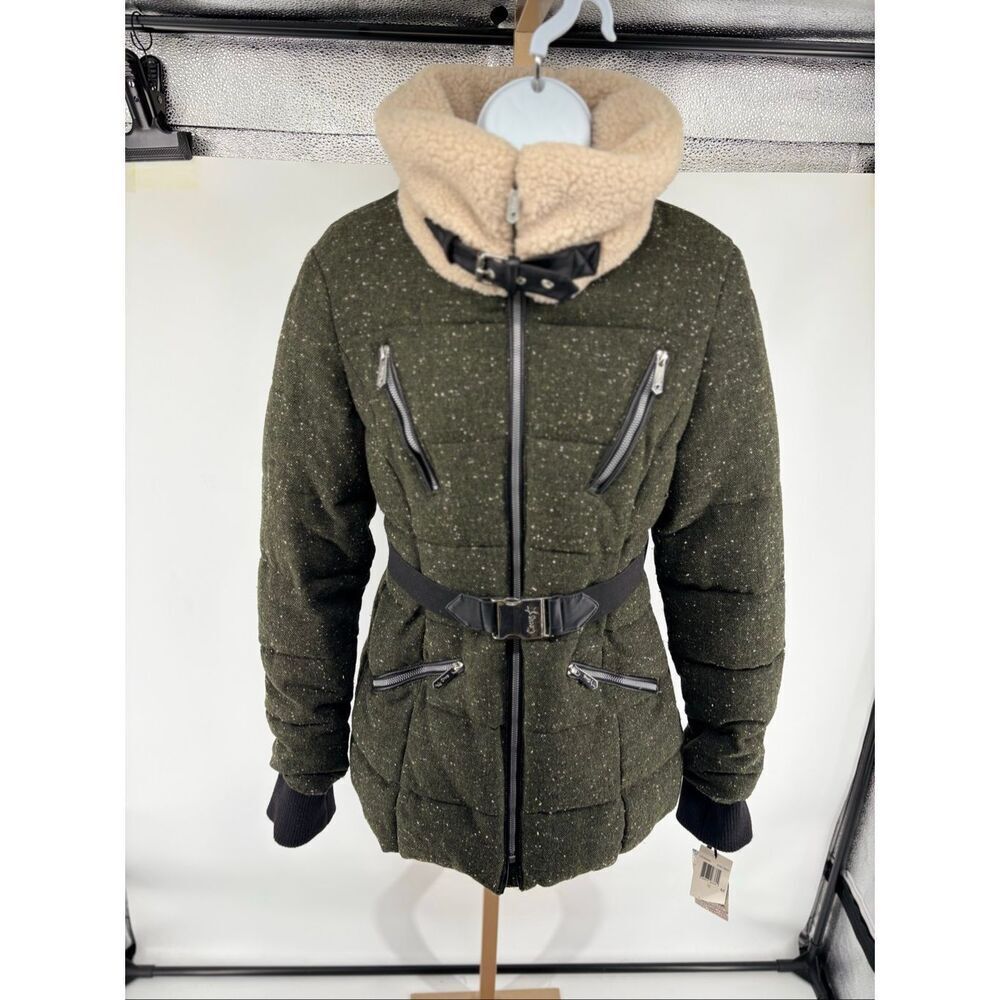 Sam Edelman Circus Women’s M Winter Jacket Faux Sherpa Collar Wool Tweed Green